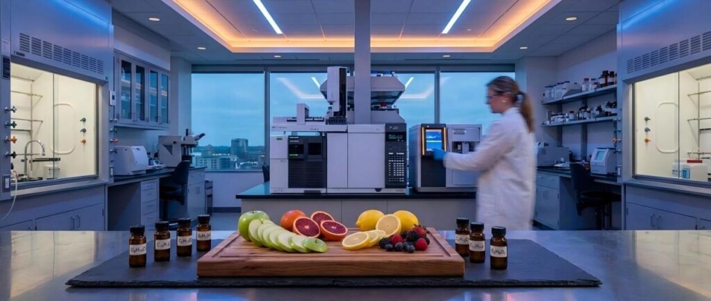 A high-end view of a modern flavor chemistry laboratory featuring gas chromatography equipment and fresh fruit extracts used for aroma profile analysis.
