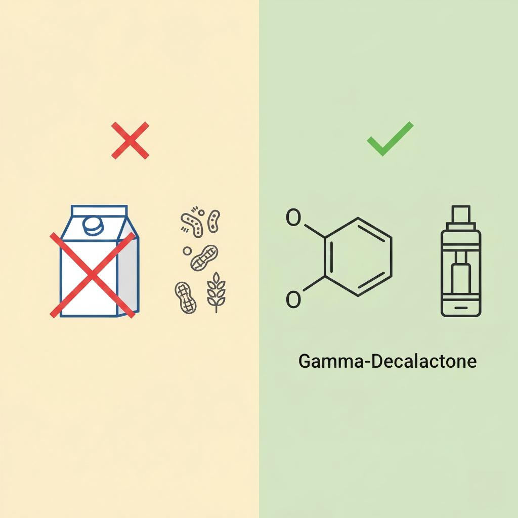 An informative split-panel graphic comparing the risks of raw dairy (allergens and bacteria) against the clean, precise application of Gamma-Decalactone in vape technology.