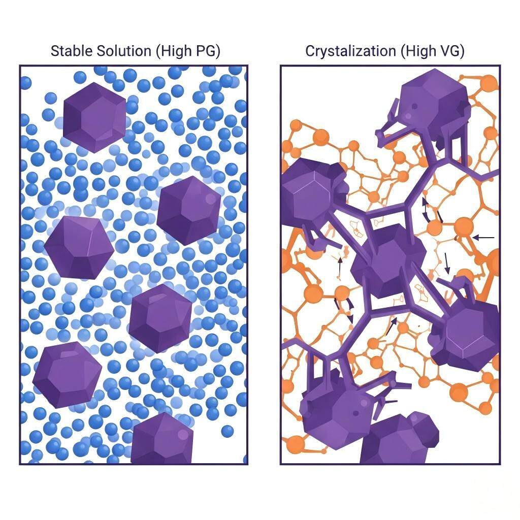 A stylized scientific illustration comparing menthol molecules in a stable PG solution versus clumping into jagged crystal lattices within a high VG environment.