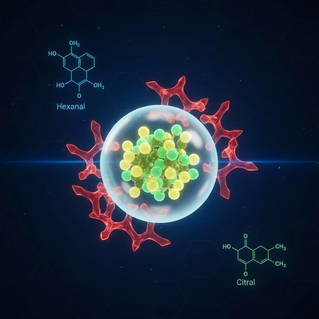 A detailed 3D scientific visualization showing the microencapsulation process protecting sensitive molecules like Hexanal and Citral from oxidation.