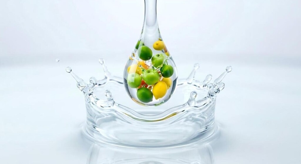 A high-intensity macro photo of a flavor drop containing a "universe" of fresh limes and lemons, symbolizing purity and taste intensity.