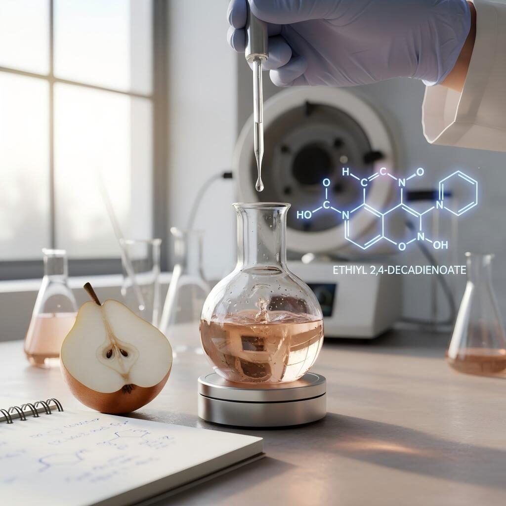 A detailed look at the synthesis of pear flavor in a laboratory setting, featuring a holographic molecular structure of ethyl 2,4-decadienoate and authentic lab equipment.