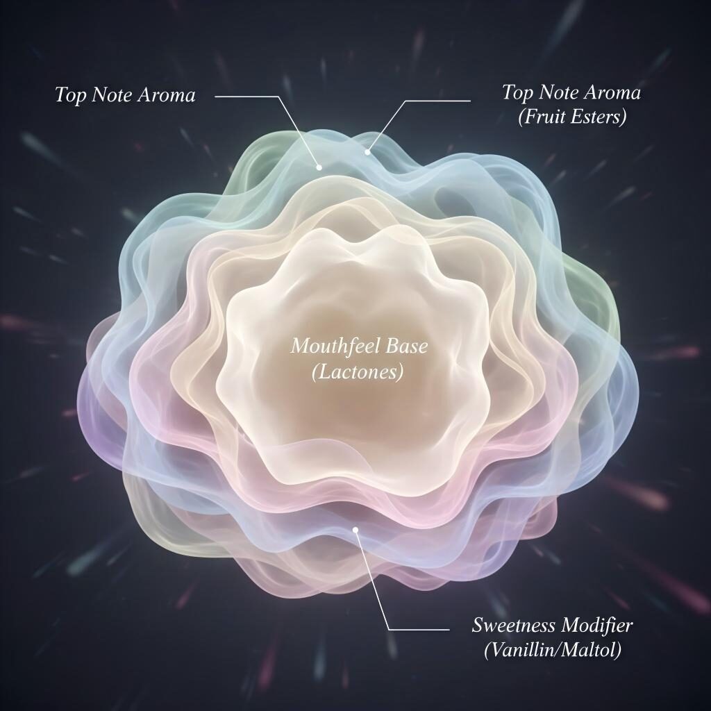 A creative cross-section illustration of a vapor cloud, demonstrating the layered structure of flavor from its lactone-heavy mouthfeel base to its fruity ester top notes.