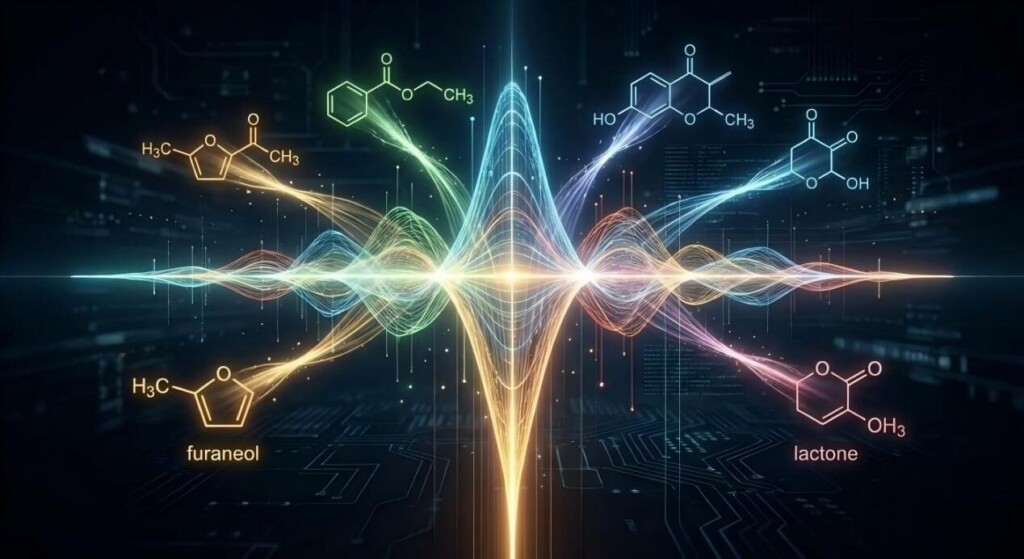Experience flavor as data. This abstract visualization illustrates 'flavor synergy,' showing how distinct aroma streams like furaneol and lactones converge into a complex, balanced sensory waveform using advanced technology.