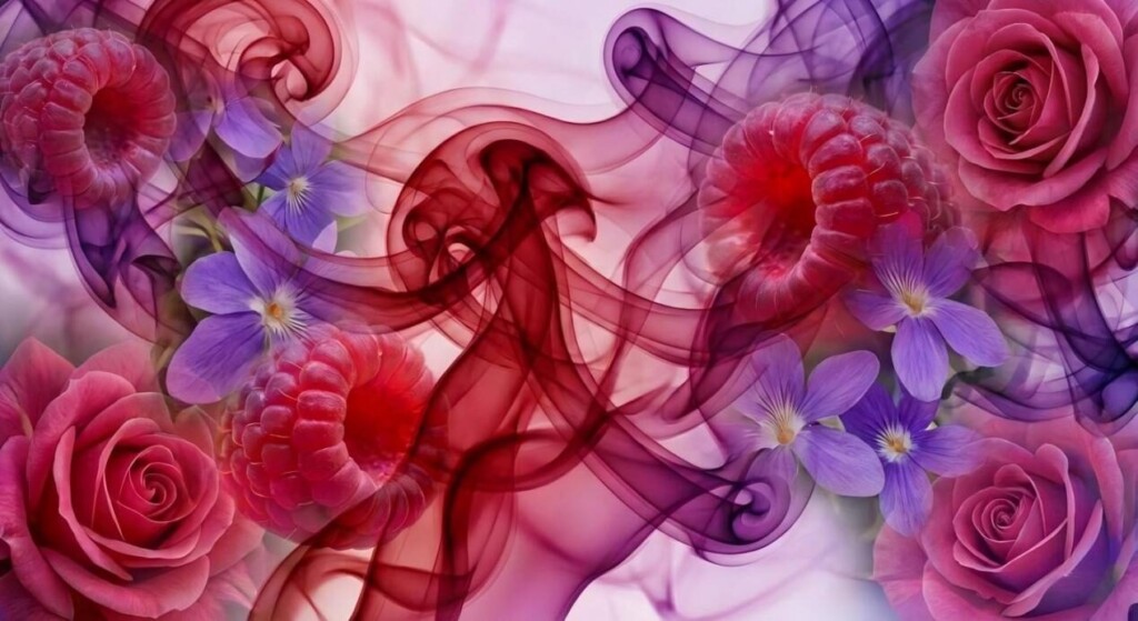 A sophisticated abstract representation of flavor incorporating raspberry, violet, and rose elements with elegant vapor swirls.