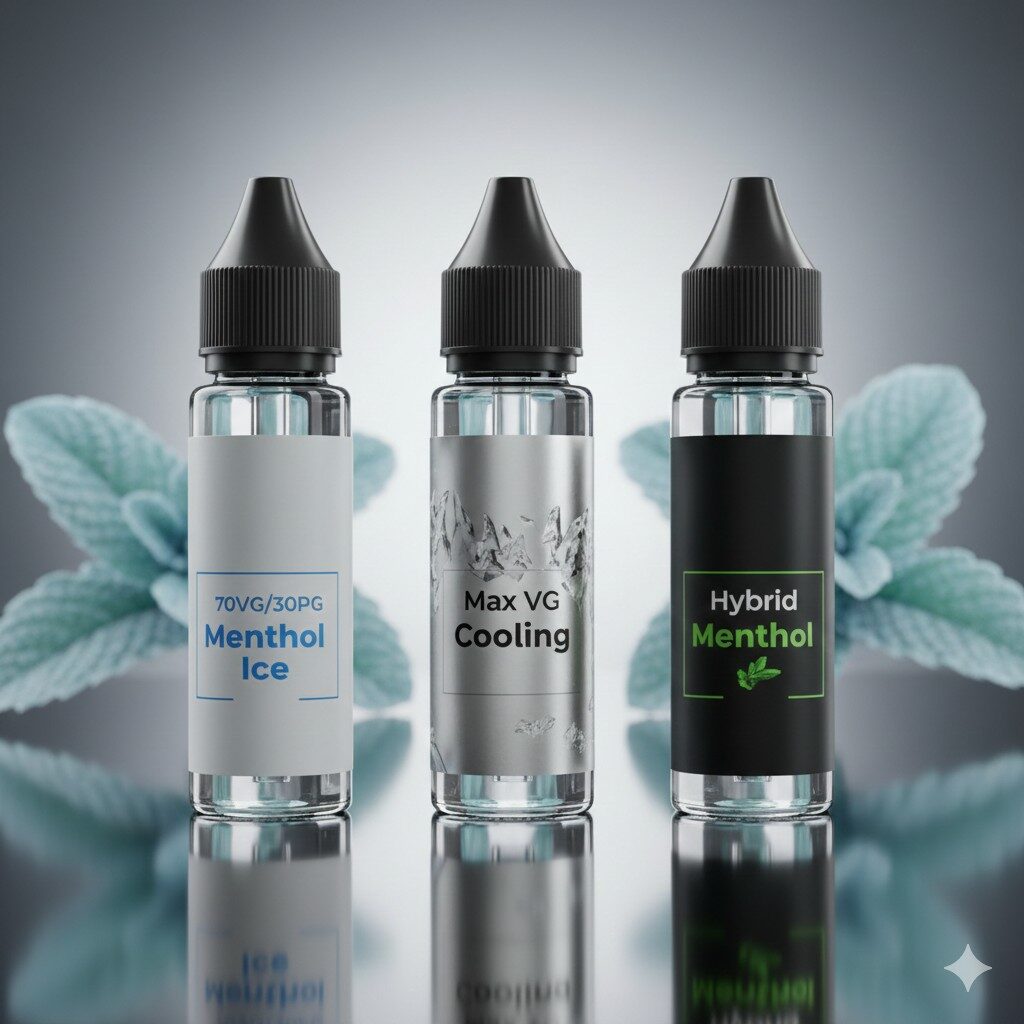 A premium product showcase of crystal clear menthol e-liquids, including 70VG/30PG, Max VG, and Hybrid blends, displayed on a reflective surface with frosty mint accents.