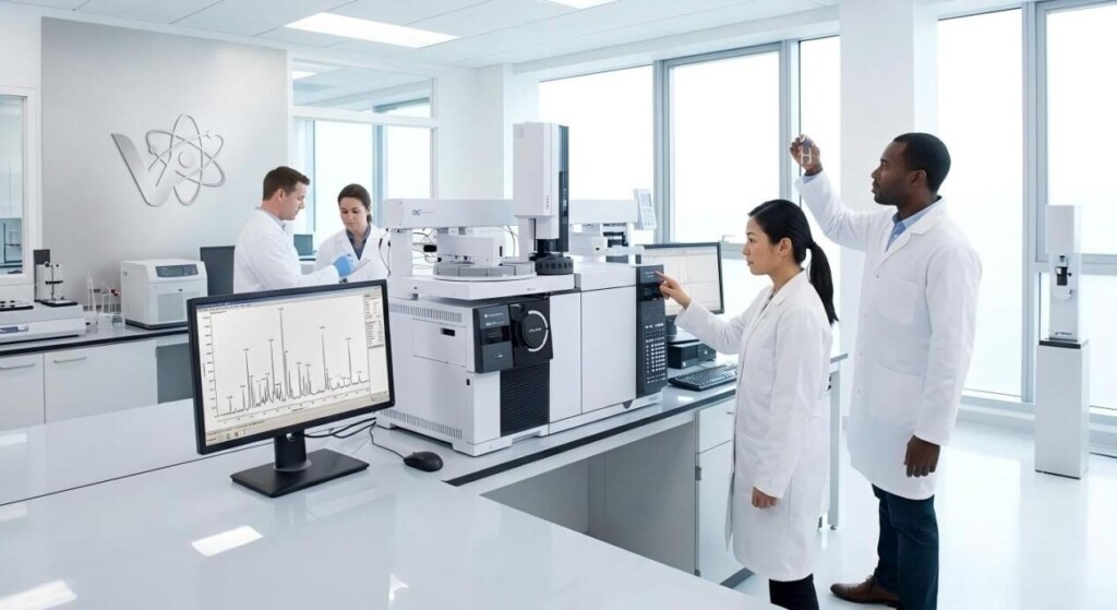 A wide shot of a diverse scientific team using high-end GC-MS equipment to ensure precision and innovation in flavor chemistry.