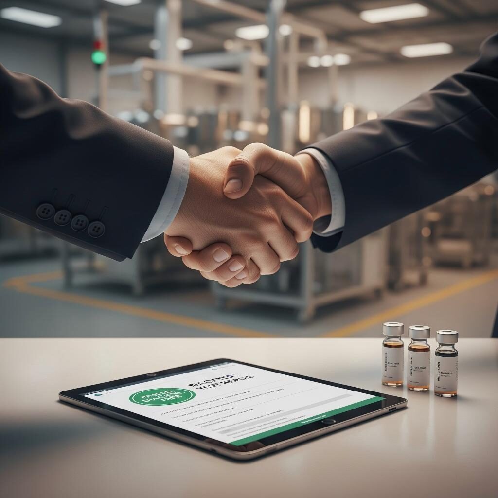 A professional visualization of B2B partnership and safety compliance. Featuring a firm handshake over a "PASSED: DIACETYL FREE" lab report, this image represents high-end manufacturing standards and verified quality in the flavoring industry.