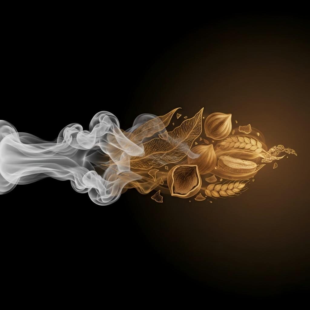A stylized digital illustration symbolizing the transformation of simple vapor into complex flavor notes of roasted hazelnut, toasted grain, and rich tobacco.