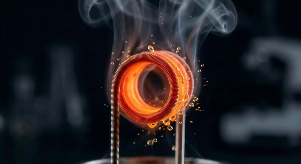 A high-resolution macro shot of a Kanthal e-cigarette coil glowing at peak activation, showing the physics of e-liquid aerosolization.