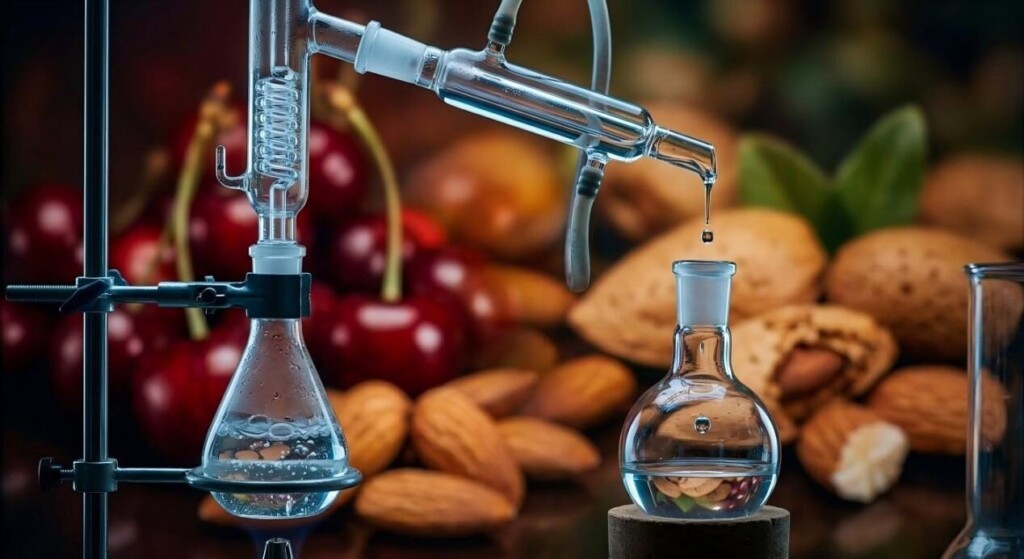 A cinematic close-up of a laboratory distillation setup showing the synthesis of Benzaldehyde, blending scientific precision with natural cherry and almond aesthetics.