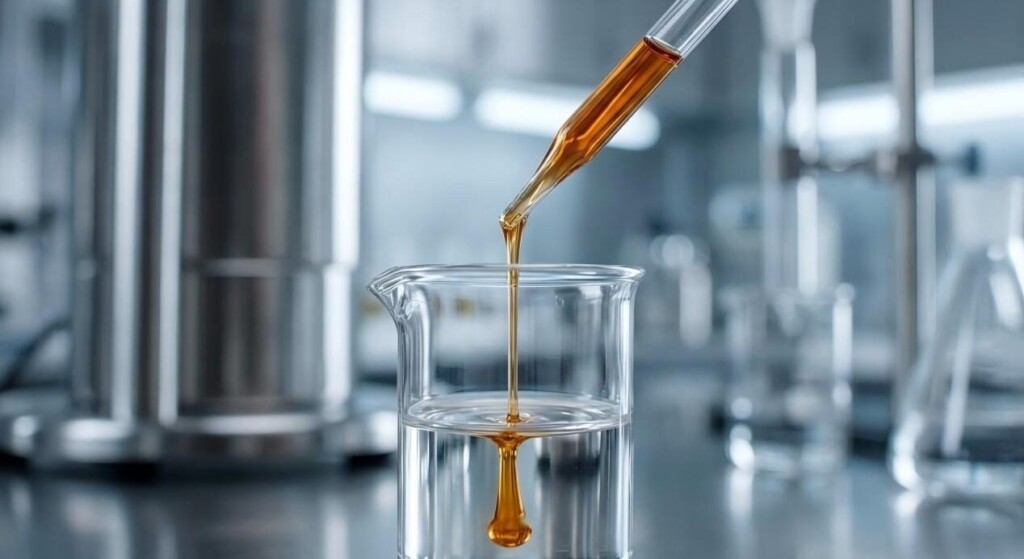 A high-end, cinematic macro shot capturing a glass pipette dispensing a clear, amber fragrance concentrate into glycerine in a professional laboratory beaker.