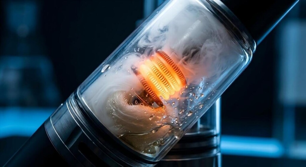 A cinematic macro shot of a glowing vape coil mid-fire, capturing the precise moment e-liquid droplets transform into a dense vapor mist within a sterile lab setting.