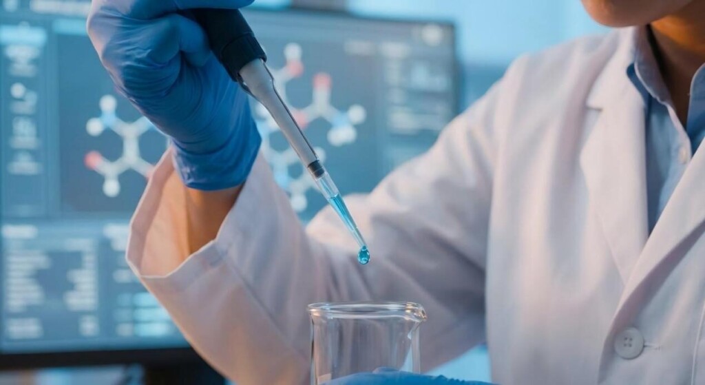 A cinematic close-up of a flavor chemist performing precise formulation in a high-tech lab with molecular structures displayed in the background.