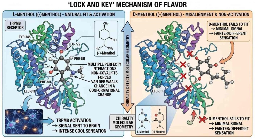 A detailed pedagogical diagram explaining how the L-Menthol isomer perfectly fits the TRPM8 receptor to trigger a cooling sensation.
