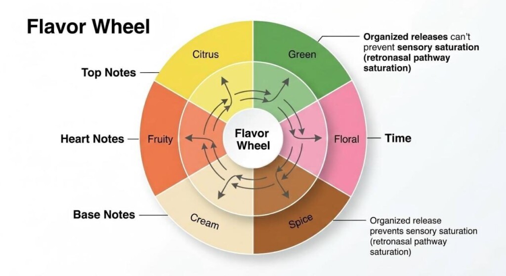 A sleek corporate infographic of a flavor wheel illustrating how layered aromatic notes prevent sensory saturation through organized release.