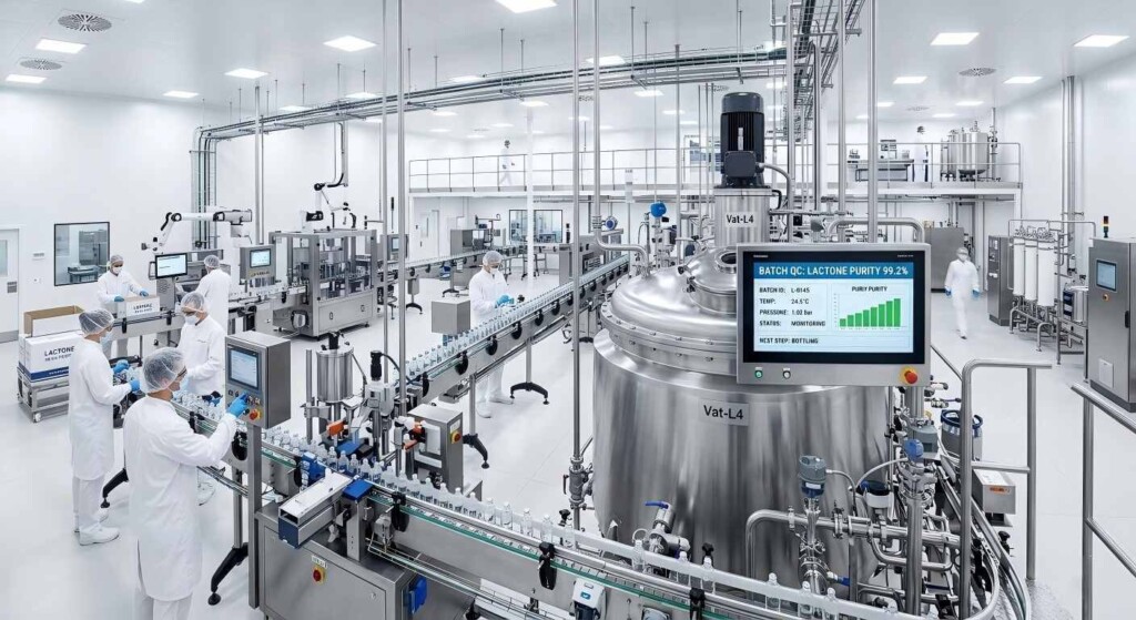 A pristine, pharmaceutical-grade manufacturing facility showing high-speed bottling and digital quality control monitoring for lactone purity.