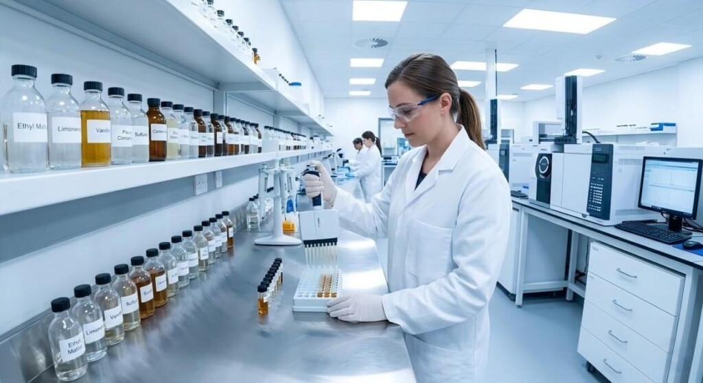 A clean-room view of a professional flavor chemist using precision equipment to formulate premium, high-quality e-liquid concentrates.