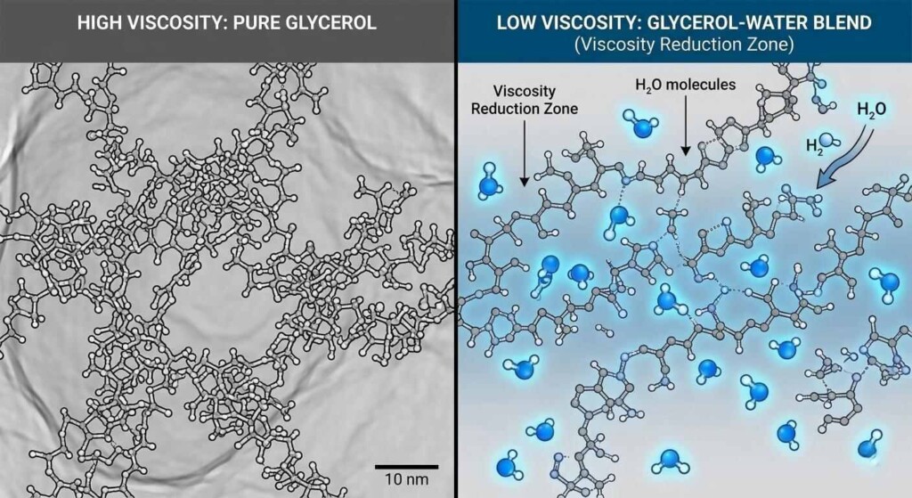 A split-screen microscopic diagram illustrating how water molecules break glycerol bonds to reduce viscosity for better wicking performance.