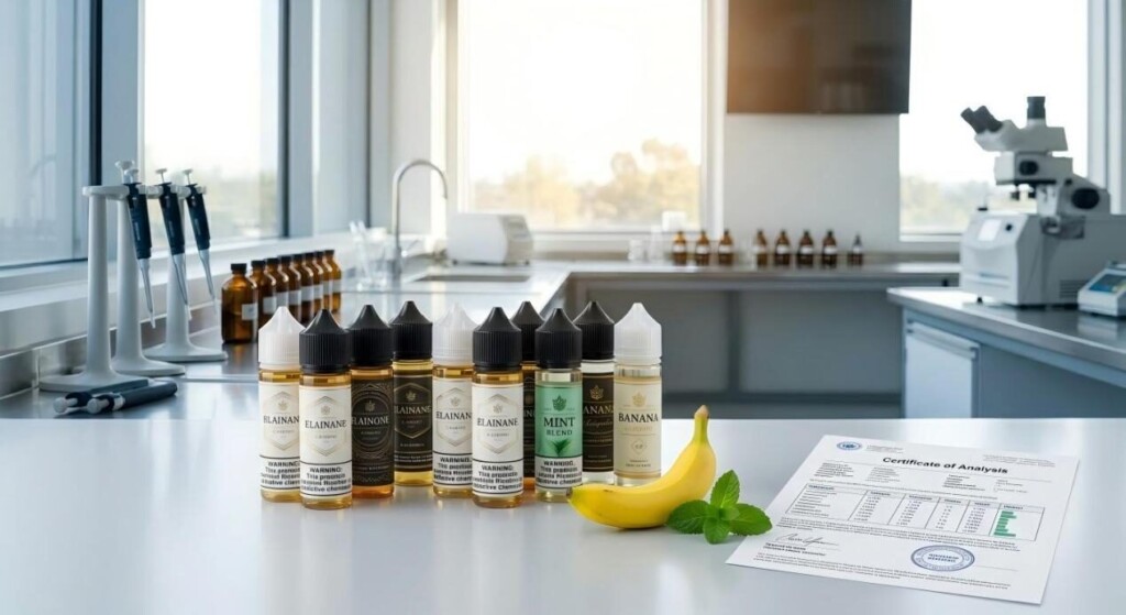 A professional showcase of premium e-liquid bottles paired with a Certificate of Analysis, symbolizing the intersection of nature and science.