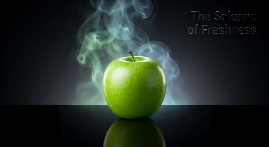 A minimalist, high-end "hero" product image featuring a single perfect green apple sitting on a highly reflective black surface. Swirling vapor catches the light behind it, and the text "The Science of Freshness" is subtly embossed in the corner.