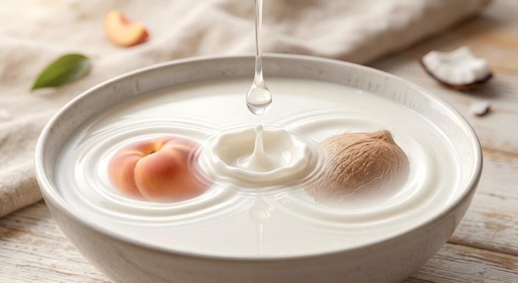 An ethereal "hero" image capturing the fusion of peach and coconut flavors as a single drop creates artistic ripples in a bowl of milk.