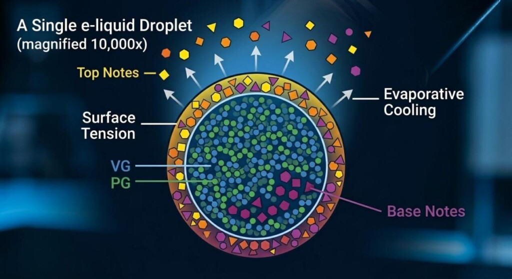 An educational infographic showing the layered molecular structure of a vapor droplet, detailing how top notes evaporate from the VG/PG core during aerosolization.