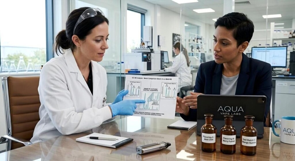 A chemist and product manager discuss GC-MS reports at Aqua Vape Labs, demonstrating professional quality assurance and collaboration.