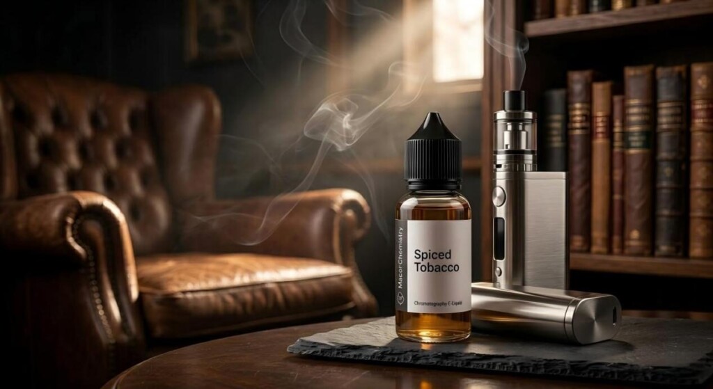 A sleek lifestyle image of a spiced tobacco e-liquid bottle and metal vape device in a sophisticated, leather-bound study atmosphere.