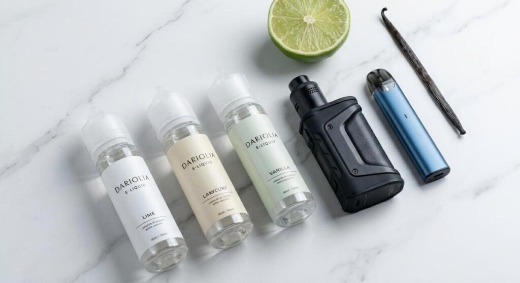 A sleek, professional flat-lay photograph showcasing premium e-liquid bottles next to high-end Sub-Ohm and MTL vaping devices on a minimalist marble surface.